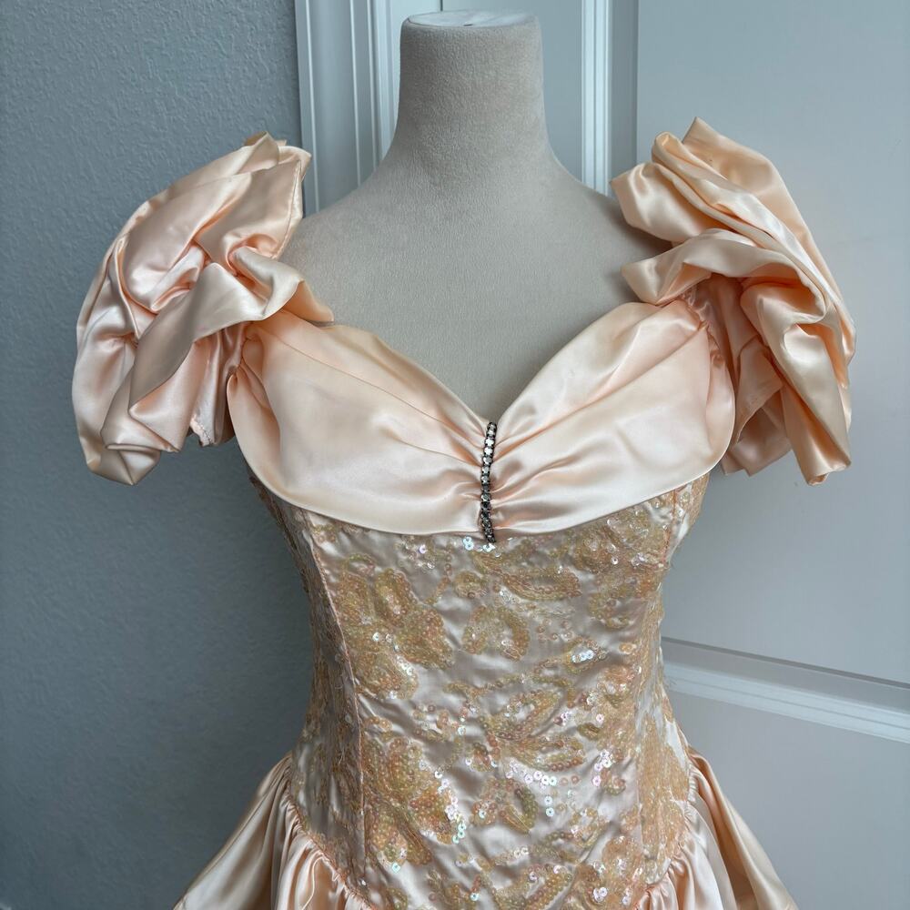 Vtg 90s Zum Zum Prom Dress 11/12 Peach Pink Sequin Peplum Puff Sleeve ILGWU USA - Picture 6 of 16
